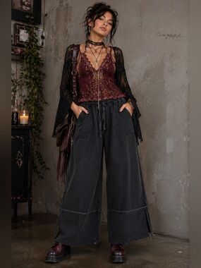 Easel black terry knit palazzo pants mineral wash